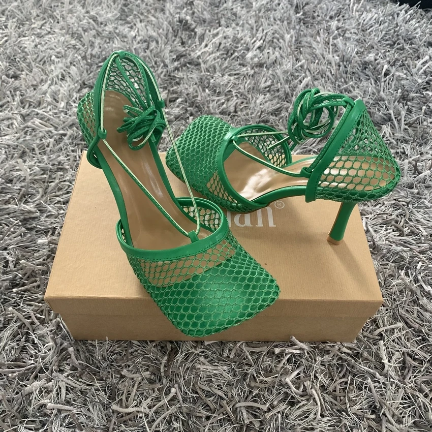 New Sexy Green Mesh Women Pumps Sandals Female Square Toe high heels Lace Up Cross-tied Stiletto hollow Party Shoes Woman