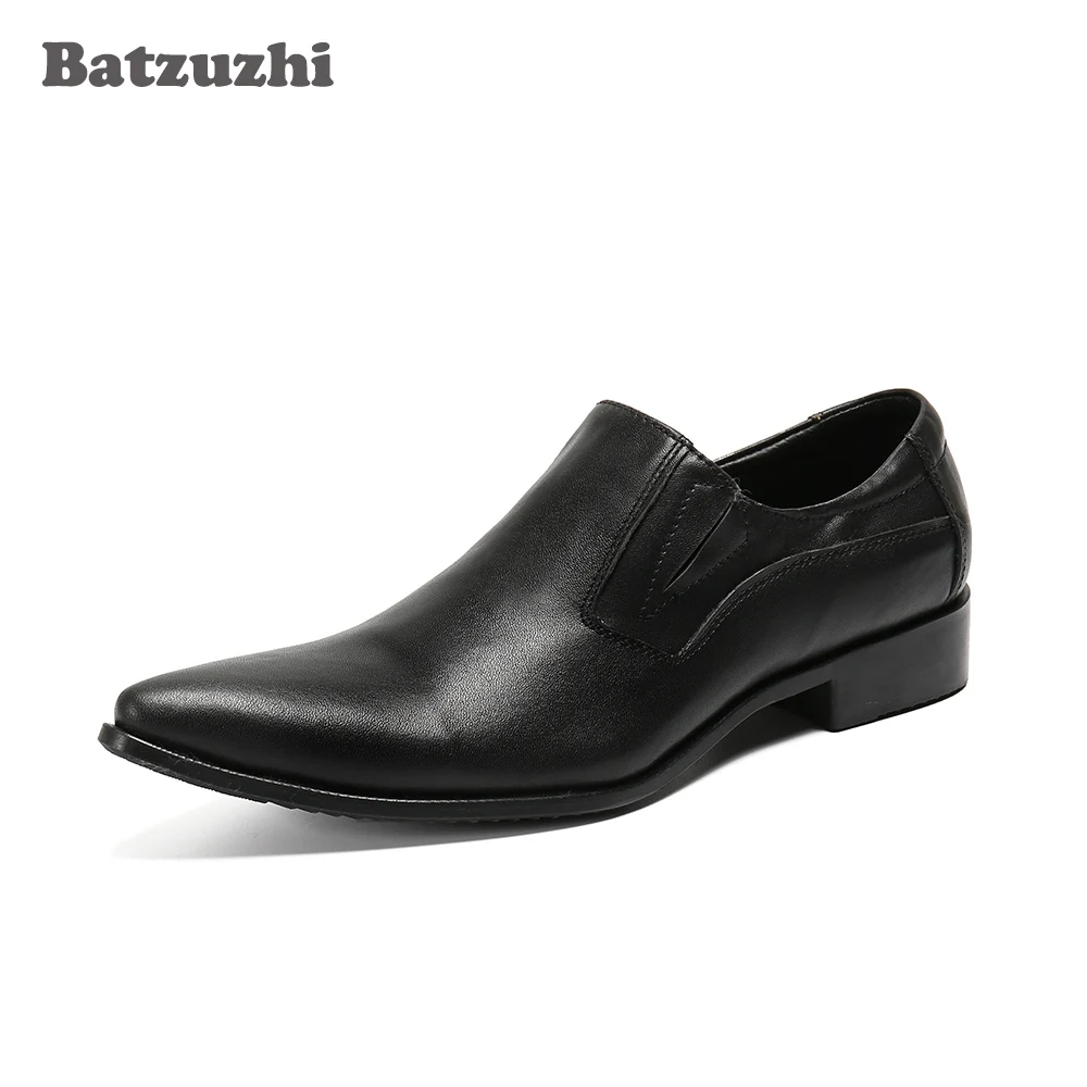 Batzuzhi Italy Type Men's Shoes Pointed Toe Black Genuine Leather Dress Shoes Men Business Flats Zapatos Hombre, Big Size US12