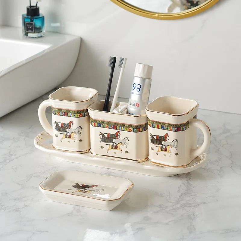 

Ceramics & Porcelain Bathroom Set Liquid Soap Dispenser Toothbrush Holder Dish Gargle Cups Tray Wedding Gifts Birthday Presents