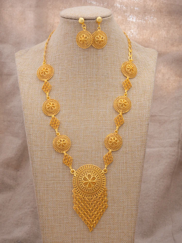 Annayoyo Gold Color Jewelry sets for Women Dubai Bangles African Chain Necklace Earrings  Sets