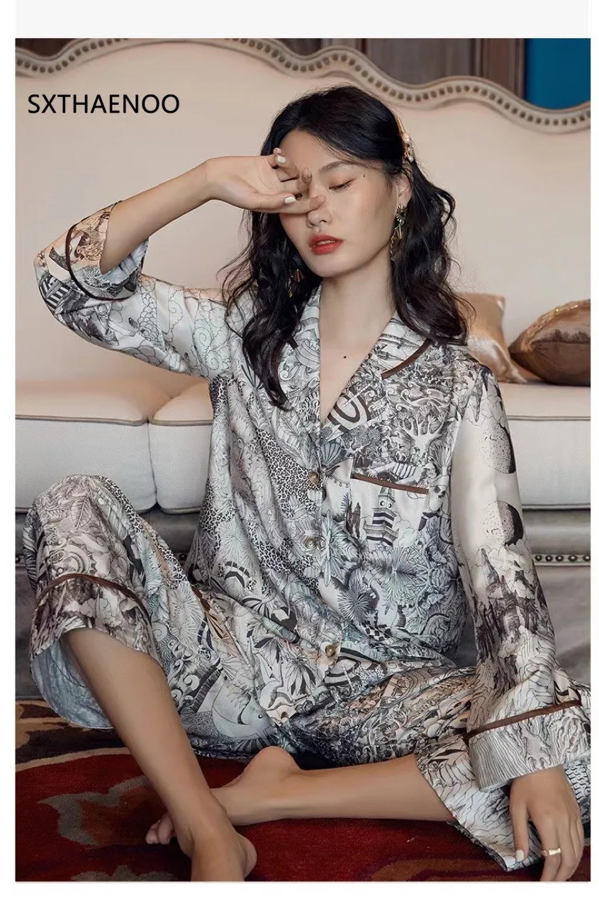 SXTHAENOO Autumn Winter Pajamas Set Satin Silk Printing Pattern Sleepwear Women's Comfortable 2 Pcs Set Homewear