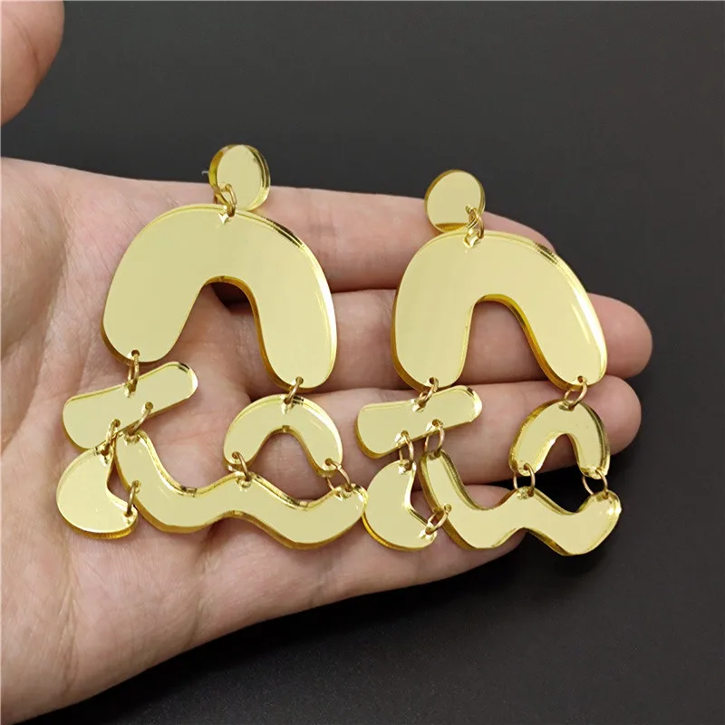 KUGUYS Mirror Gold Silver Color Distorted Geometric Acrylic Drop Earring for Women Trendy Irregular Fashion Jewelry Accessories