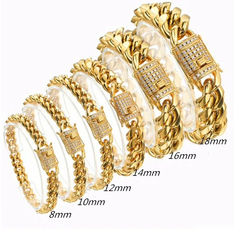 8/10/12/14/16/18mm Stainless Steel Miami Curb Cuban Chain Bracelet with CZ Lock 7inch-11inch