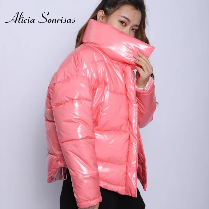 Glossy Winter Down Cotton Padded Jacket For Women Thick Bright Black Short Shiny Jacket Yellow Red Cotton Parkas AS809