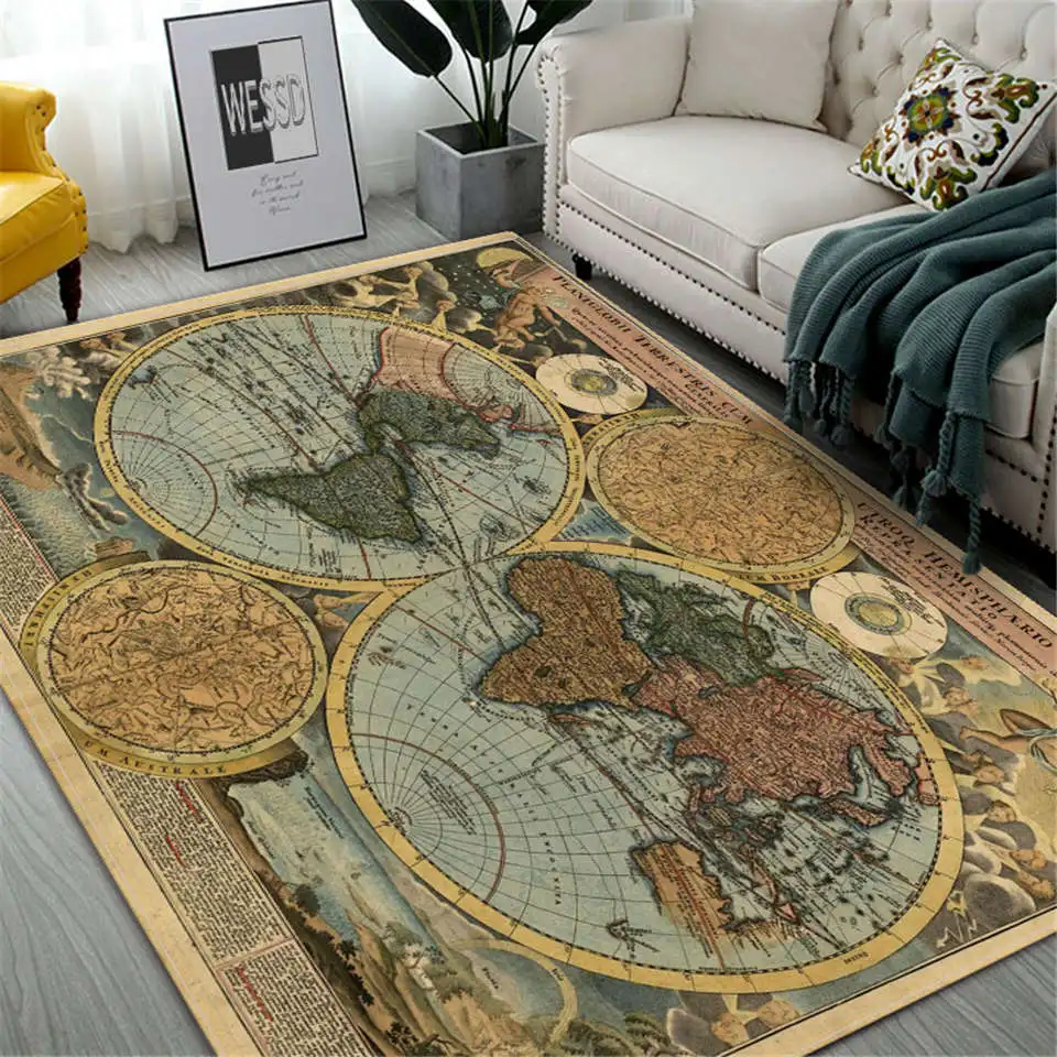 Retro Map Carpet Large Living Room Rug Bedroom Furniture Floor Mat Vintage Decoration Home Flannel Rug Washable Hall Carpet