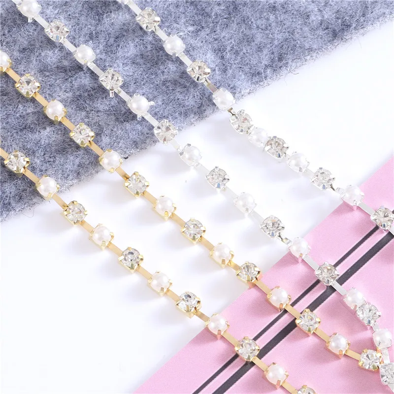 New 4mm Crystal Glass ABS Pearl Rhinestone Chain with Silver Base Faltback Sewing Accessories for  Garment Bags decorations