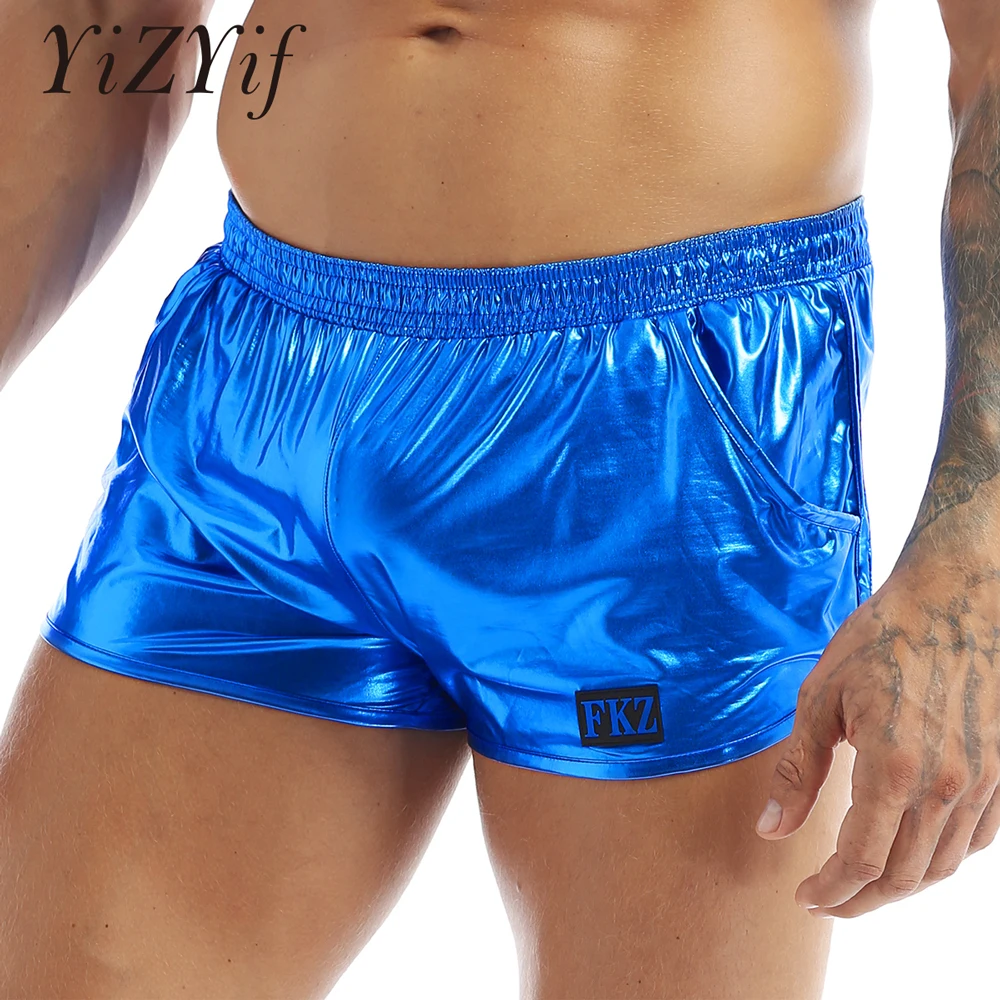 Men Shiny Metallic Shorts Sexy Low Rise Boxer Shorts Erotic Wet Look Lingerie Male Stage Performance Costume Club Wear Trunks