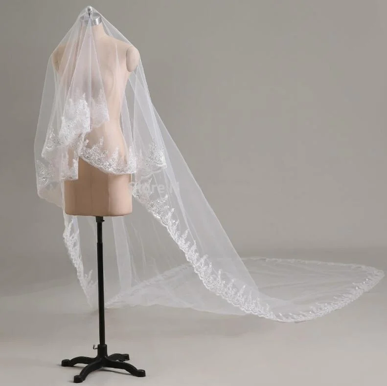 Wedding Veil 1 Tier 3/5  Meter Long Sequins Lace Edge Cathedral Bridal Wedding Veils