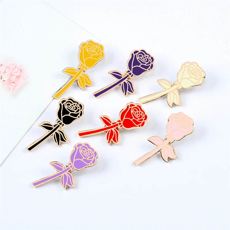 7 Colors Rose Brooches Cartoon Red Black Pink Violet Flowers Enamel Pins Women Dress Lapel Pin Badge Lover Romantic Accessories