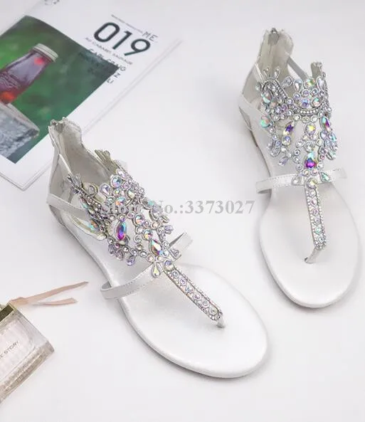 Crystal sandals Summer Flipflop bling bling rhinestone decor ankle strap Women sandals flat shoes female sandbeach dress shoes