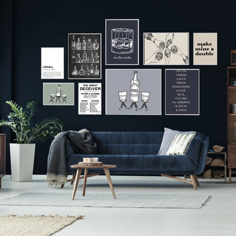 Modern Minimalist Bar Poster Kitchen Wall Art Canvas Painting Whiskey Cart Mural Family Restaurant Bar Decor Frameless Painting