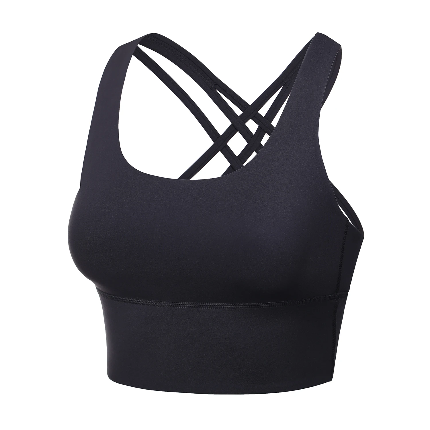 SYROKAN Women Black Yoga Bras Longline Strappy Sports Bras Wirefree Padded Tops Fitness