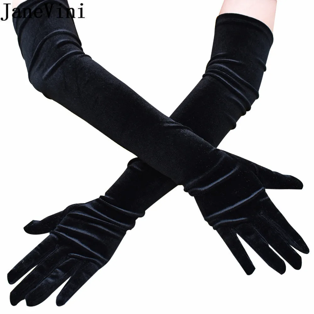 JaneVini 53cm Guantes Vintage Black Velvet Long Wedding Gloves Women Evening Party Banquet Ladies Bridal Gloves Lolita Robe Gant