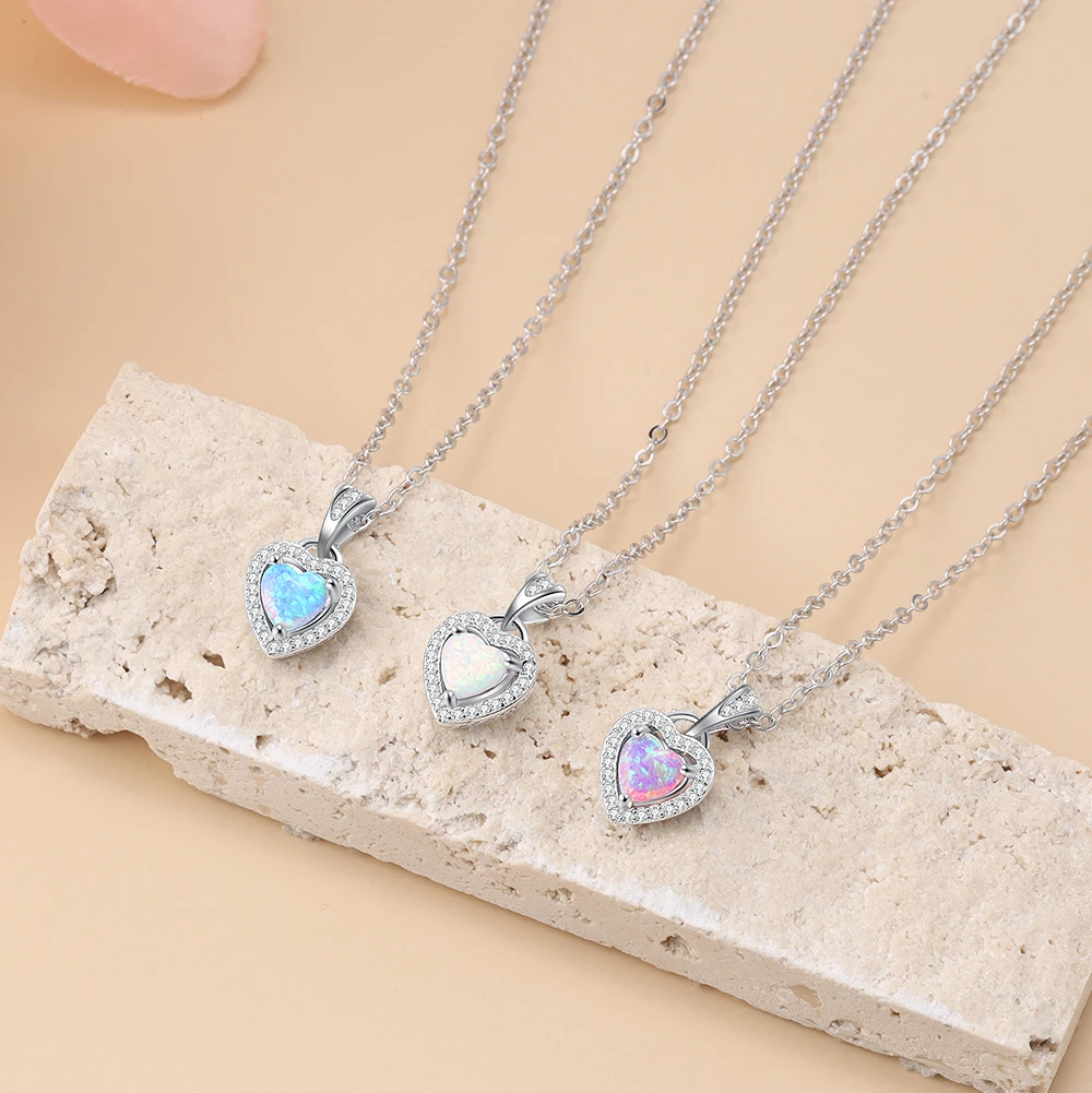 Silver Color Necklaces Heart Shape White Pink Blue Opal Necklaces & Pendants with Cubic Zirconia Fashion Jewelry Gift  for Women