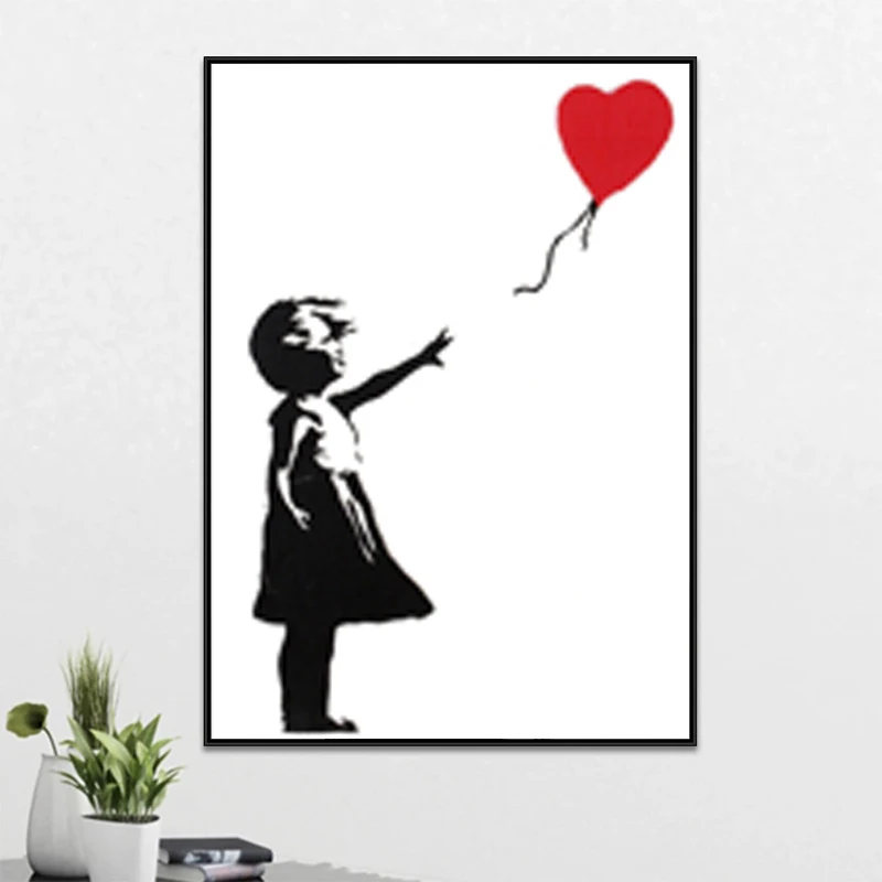 الحديث الكتابة على الجدران الفني قماش الطلاء فتاة مع بالون أحمر ملصق أسود أبيض مجردة جدار صور للعيش ديكور المنزل #3
