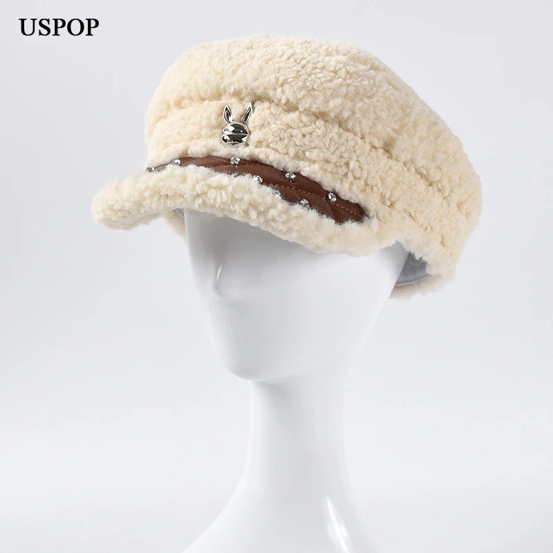 

USPOP 2020 New Winter Women Hats Lamb Wool Newsboy Caps Flat Thick Militray Caps Diamond Patchwork Leather Brim Octagonal Hats