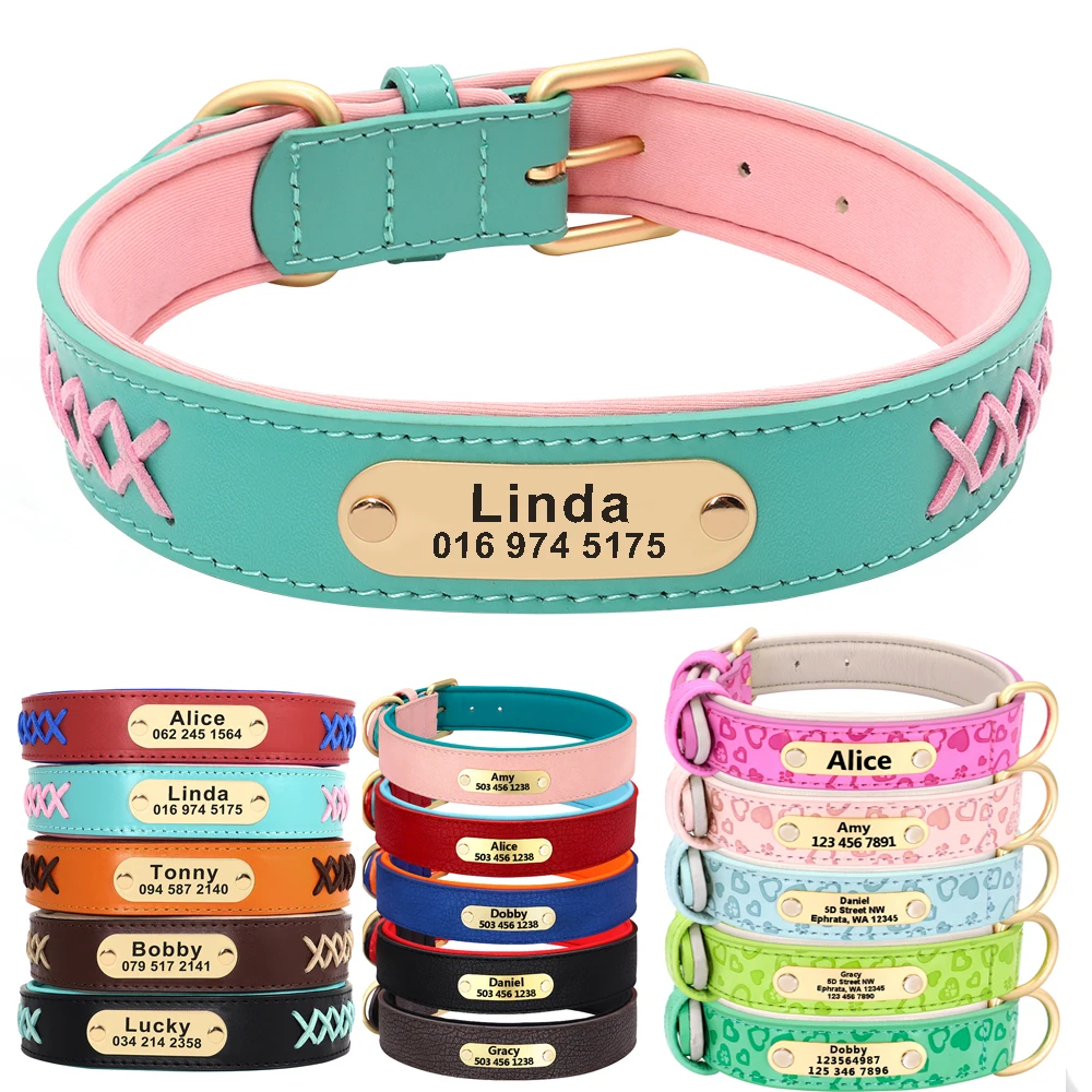 Custom Leather Dog Collar Personalized Pet ID Collar Padded Engraving Crystal Collars Adjustable For Small Medium Large Dogs