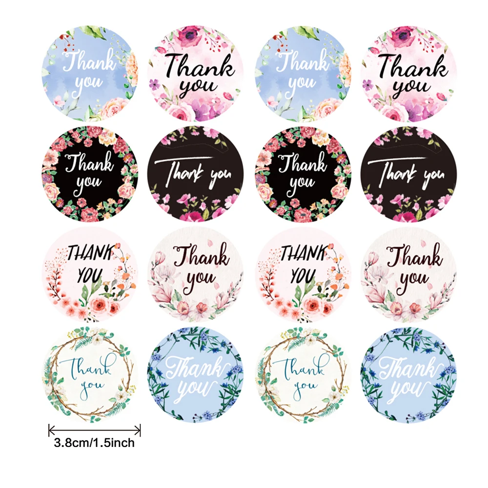 500Pcs/roll 3.8CM Floral Thank You Round Cute Stickers for Envelope Party Gift Baking Packaging Sealing Label Decoration