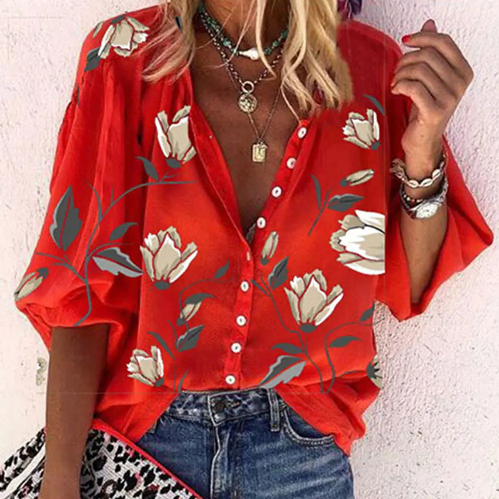 Gentillove Summer Lesure Blouses Women\'s Floral Print V Neck Loose Shirts Oversized Single-breasted Tops Vintage Tunics