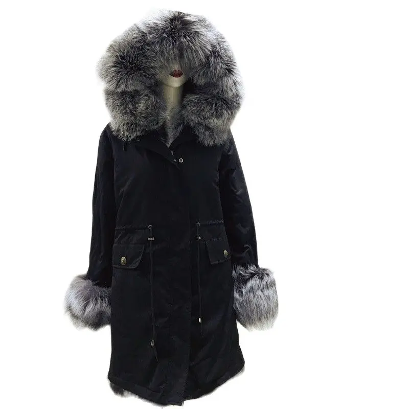 

New Listing Tartan Fox Fur Men Long Casual Black Jacket Fashion Silver Fox Super Large Fur Collar