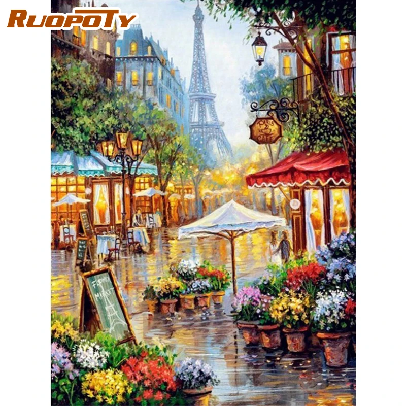 

RUOPOTY Frame Paris Street DIY Painting By Numbers Kit Landscape Picture By Numbers For Adult Diy Gift Home Decoration Wall Arts