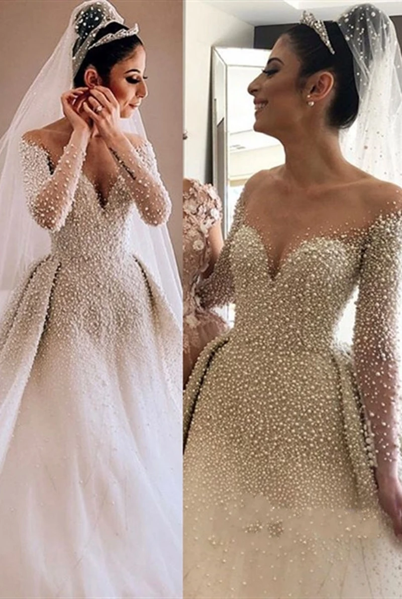 Nuovo arrivo abito da sposa 2023 elegante maniche lunghe Sweetheart abito da sposa perle Illusion Neck turchia Vestidos De Noiva