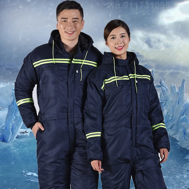 Winter Overalls Warm Thick Coat Hooded Overalls Cold And Windproof Outdoor Reflective Overalls Cotton Clothing