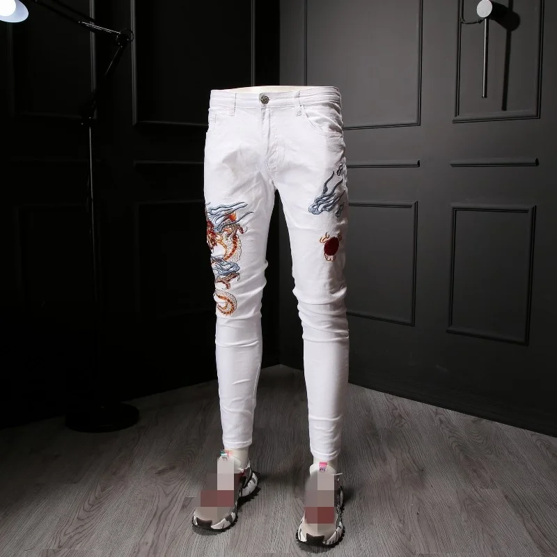 White Summer Jeans Men Chinese Style Embroidery Slim Denim Trousers Street Zipper Slim Frayed Casual Pencil Pants Male 28-36