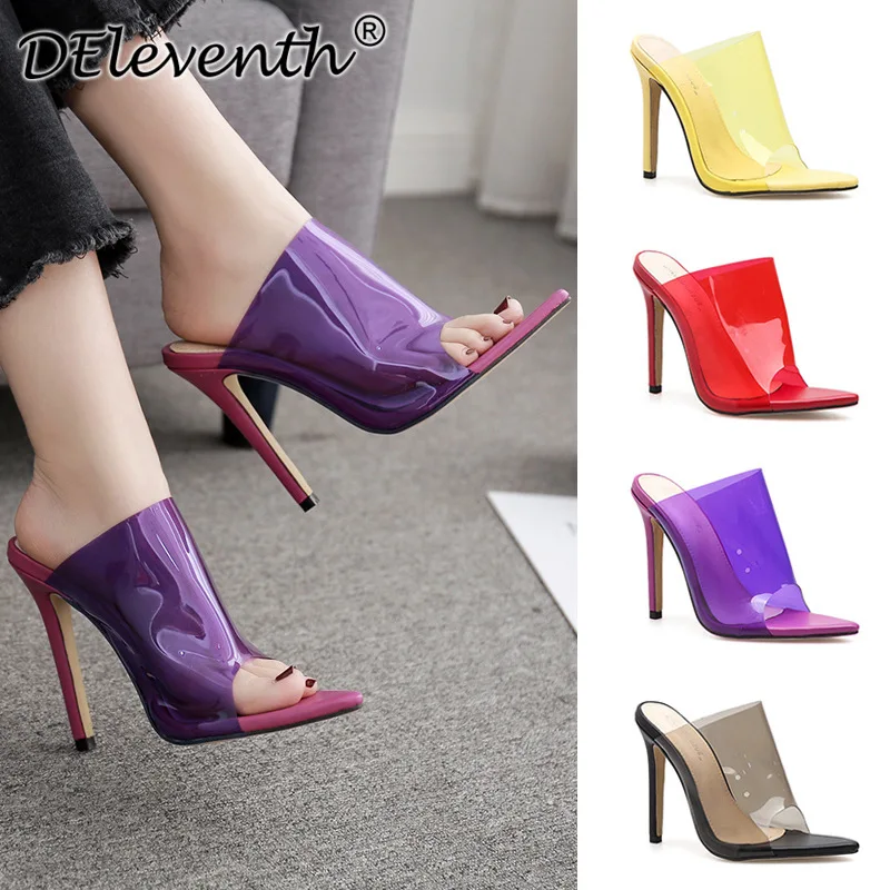 

2023 Concise Fashion PVC Woman Sandals Transparent Sandals Pointed Toe 11.5CM Thin Heels High heels Slip On women shoes red