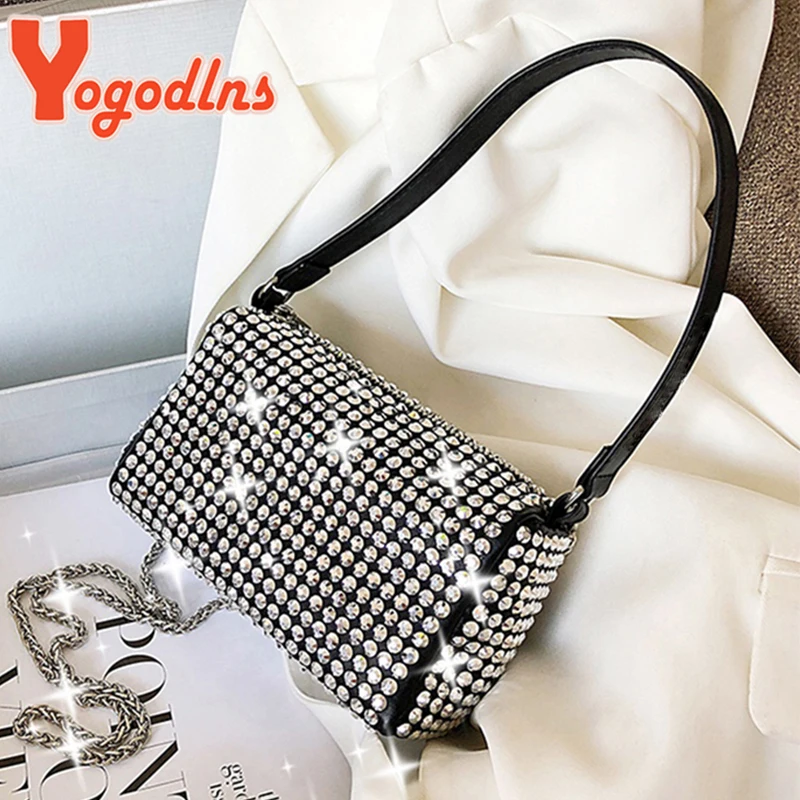 Yogodlns Fashion Bright Diamond Shoulder Bag Women PU Leather Pillow Bag Fashion Chains Messenger Handbag Elegant Crossbody Bag