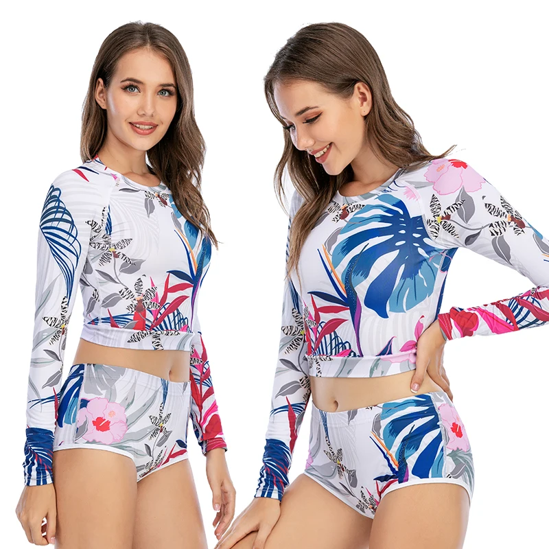 CODY LUNDIN Blue Print Long Sleeve O Neck Split Swimsuit Ladies Slim Conservative Women Two Piece Swimwear Small Fresh Bikini