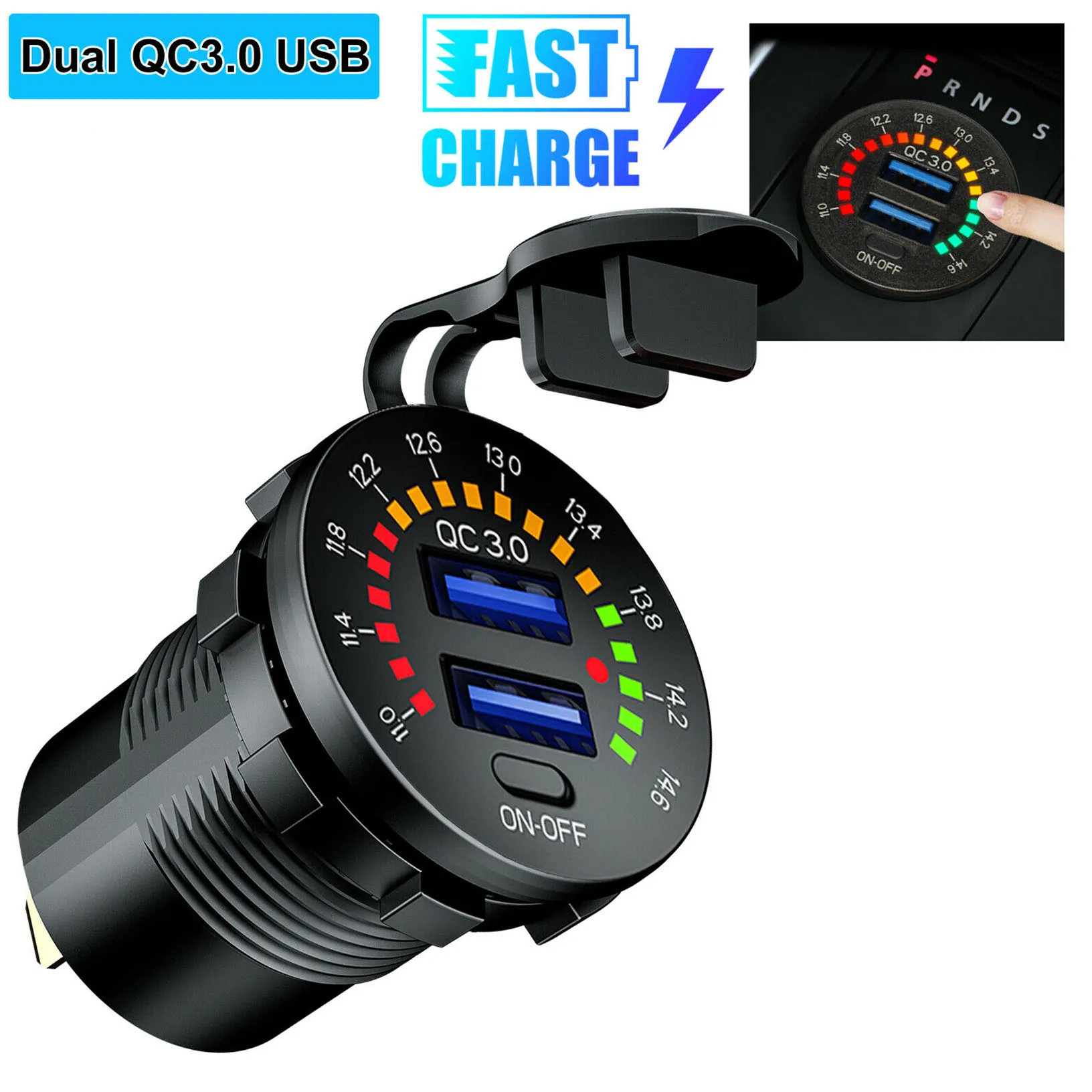 QC3.0 Dual USB Charger Socket w/ Voltmeter & Wire Waterproof for Car Marine Boat