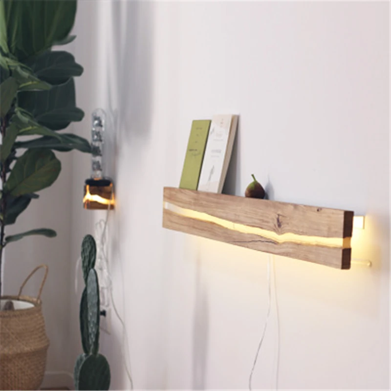 

Creative Retro Solid Wood Led Wall Light Black Walnut Oak Wood Storage Creative Personality Special Cafe Shop Wall Lamp Sconce