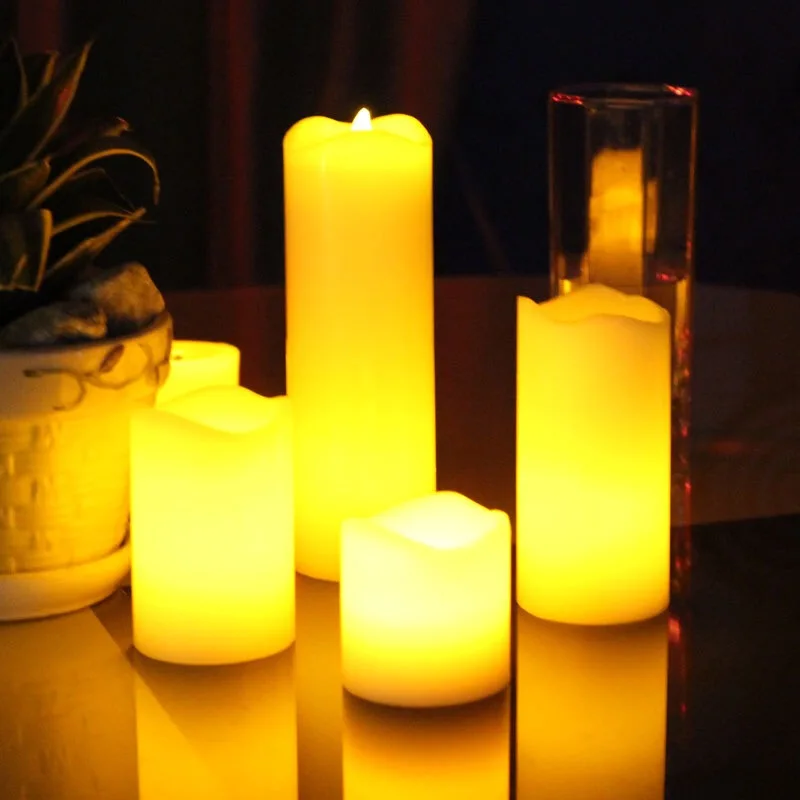 Set di 4 candele a colonna a LED senza fiamma con bordo ondulato telecomandato cera di paraffina avorio tealight decorazioni per feste di matrimonio 5CM (diametro)-ambra