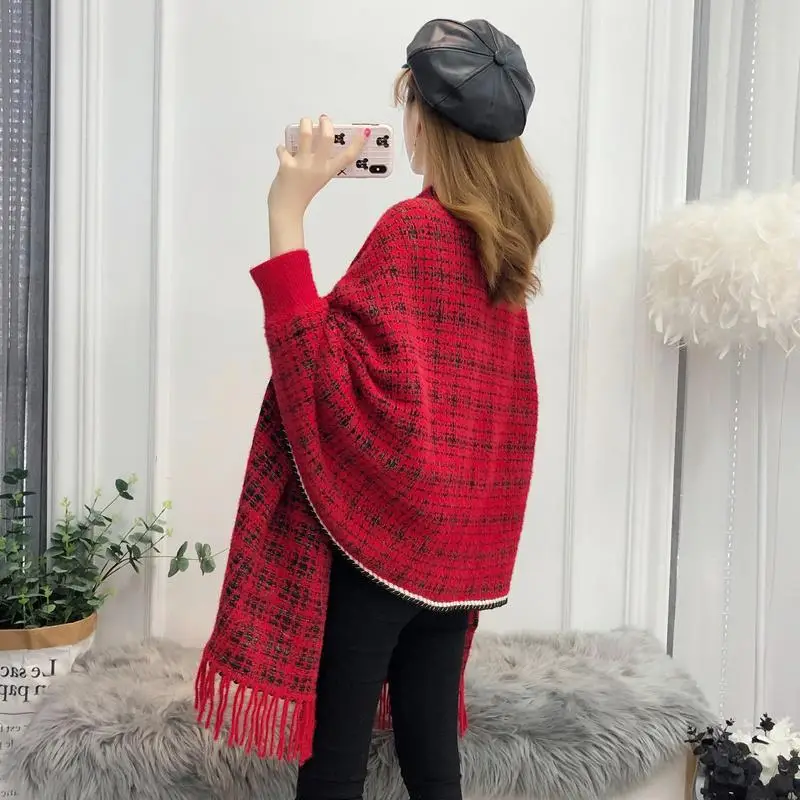 2023 autumn and winter new net red lazy style female shawl jacket mid-length imitation cashmere sweater pocket jacket women