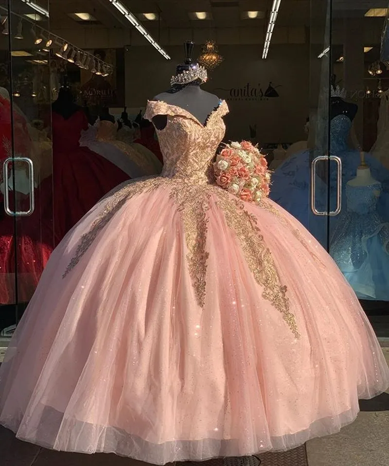 Vestidos de quinceañera rosa, vestido de baile de encaje con hombros descubiertos, vestido dulce 15, vestidos de graduación, vestidos de Quinceañera de 15 años