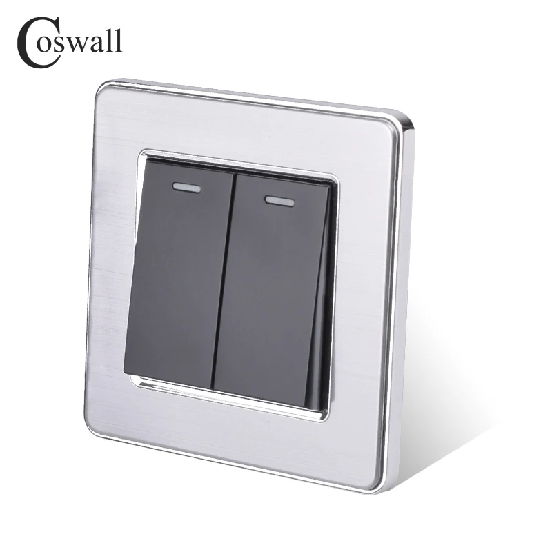 Coswall 2 Gang 2 Way Luxury Light Switch On / Off Wall Switch Pass Through Interruptor Stainless Steel Panel AC 110~250V