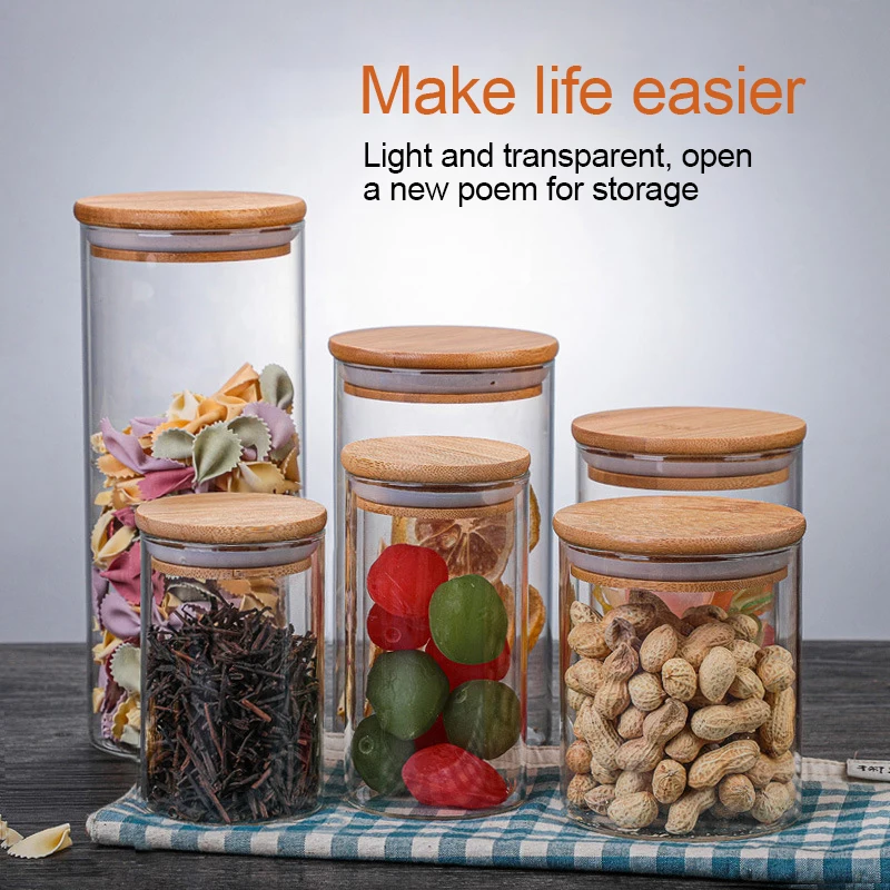 Jars for Bulk Cereals Storage in the Kitchen Sealed Glass Bottle Food Container Wooden Lid Coffee Bean Spice Sugar Can Organizer