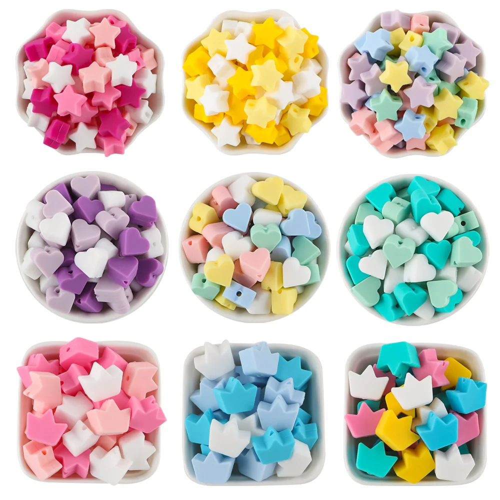 Kovict 50pcs Star/Heart/Crown Silicone Beads Food Grade Diy Pacifier Chain Necklace Nursing Beads For Jewelry Making Bulk