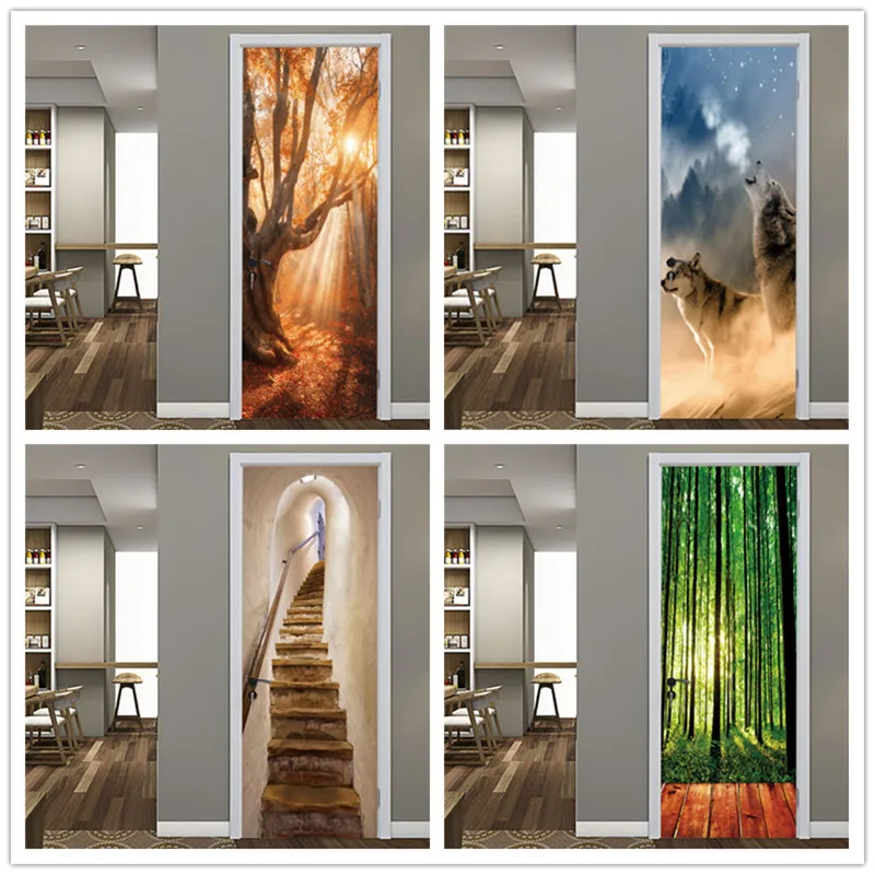 PVC Bedroom Door Wallpaper Wolf Roar Poster Self-adhesive Wood Door Stickers Home Decor Decal S Mural deursticker voor woonkamer