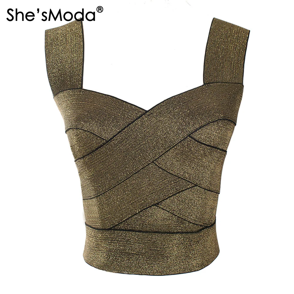 She\'sModa Luxury Golden Bandage Slim Sleeves Women\'s Spandex 2024 New Summer Cropped Tops Vest Tank Party Bachelorette Plus Size