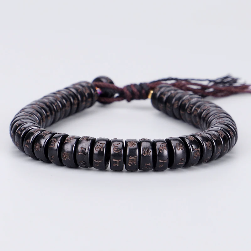 Tibetan Buddhist Handbraided Brown Black Cotton Thread Lucky Knots Bracelet Natural Coconut Shell Bead Carved Mantra Bangle