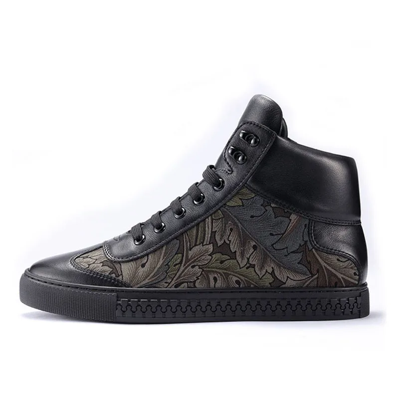 

European Casual Breathable Man Shoes 2020 New Winter Genuine Leather Warm High Top Shoes Fashion Printing Floral Man Footwear