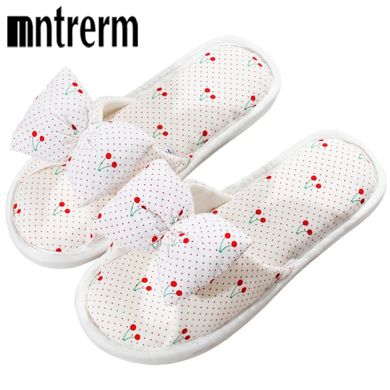 Mntrerm Spring And Summer Home Slippers Women\'s Home Use Indoor Cotton Shoes Girl Heart Cute Bow Strawberry Pattern Sandals