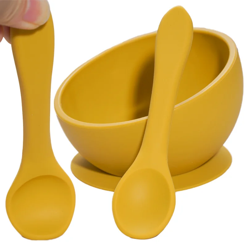 BPA Free Infant Feeding Tableware Set Baby Non Slip Sucker Bowl Toddler Training Plate With Soft Silicone Spoon.