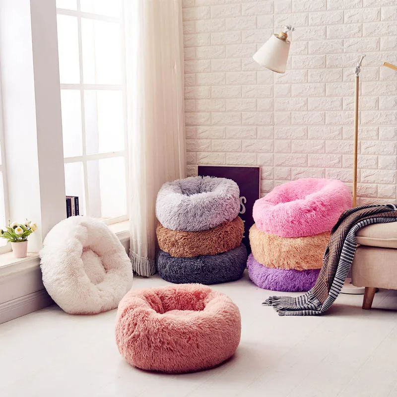 Lit pour animaux de compagnie Super doux, chenil rond pour chien et chat, sac de couchage chaud d'hiver, Long coussin en peluche pour chiot, tapis Portable, fournitures pour chats 46/50/60cm