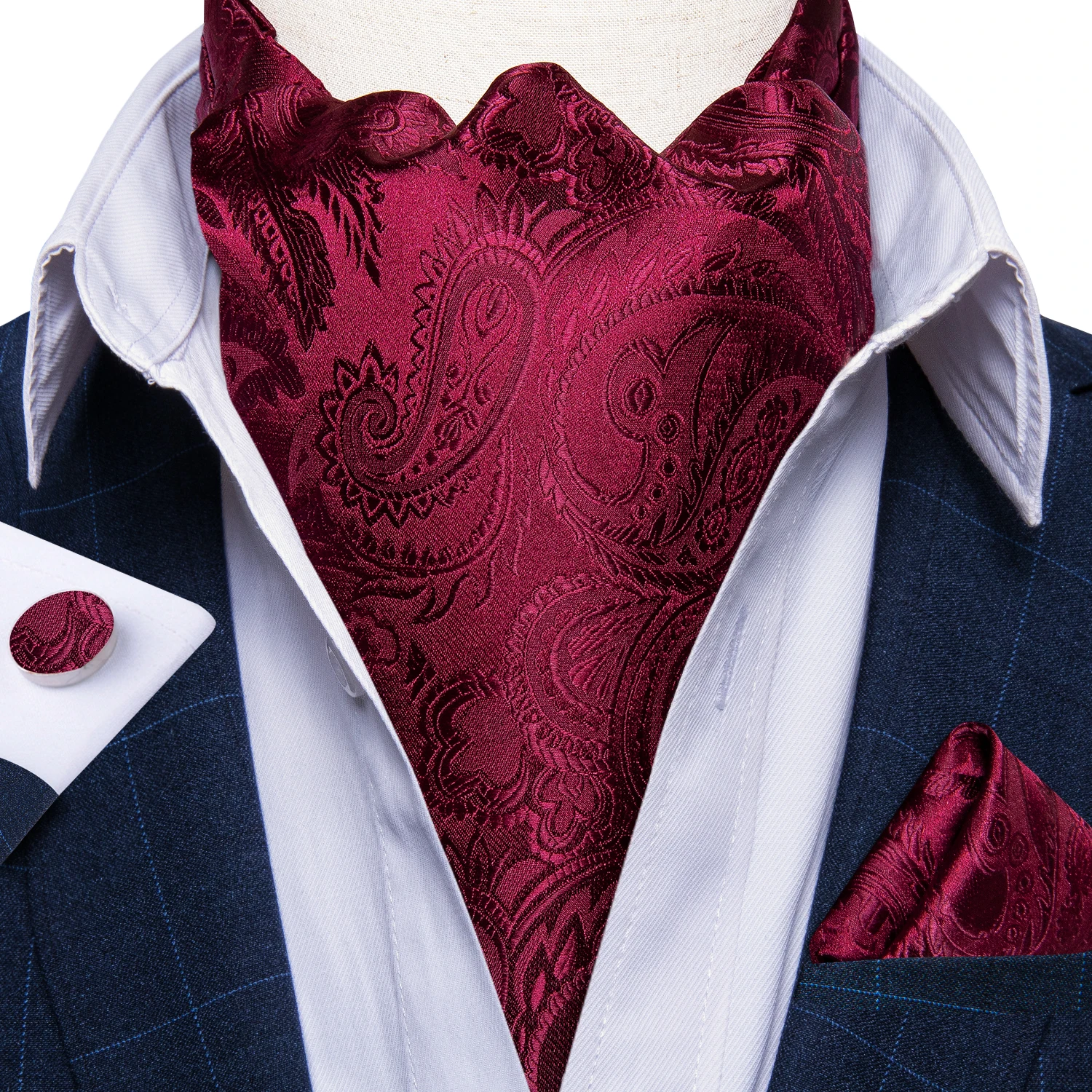 Men Vintage Red Paisley Floral Ascot Tie Set Wedding Formal Party Cravat Necktie Pocket Square Cufflinks 3pcs Set