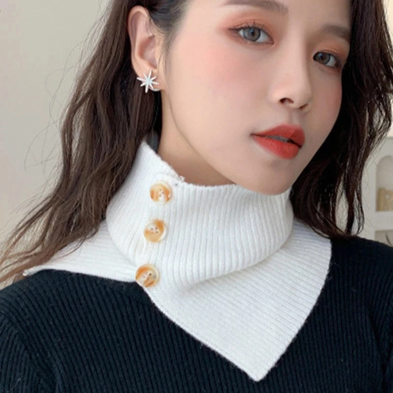 Корейский вязаный теплый пуловер, шарф с ложным воротником, женские зимние толстые эластичные шерстяные шарфы на пуговицах для езды на велосипеде, ветрозащитные шарфы для защиты шеи O24