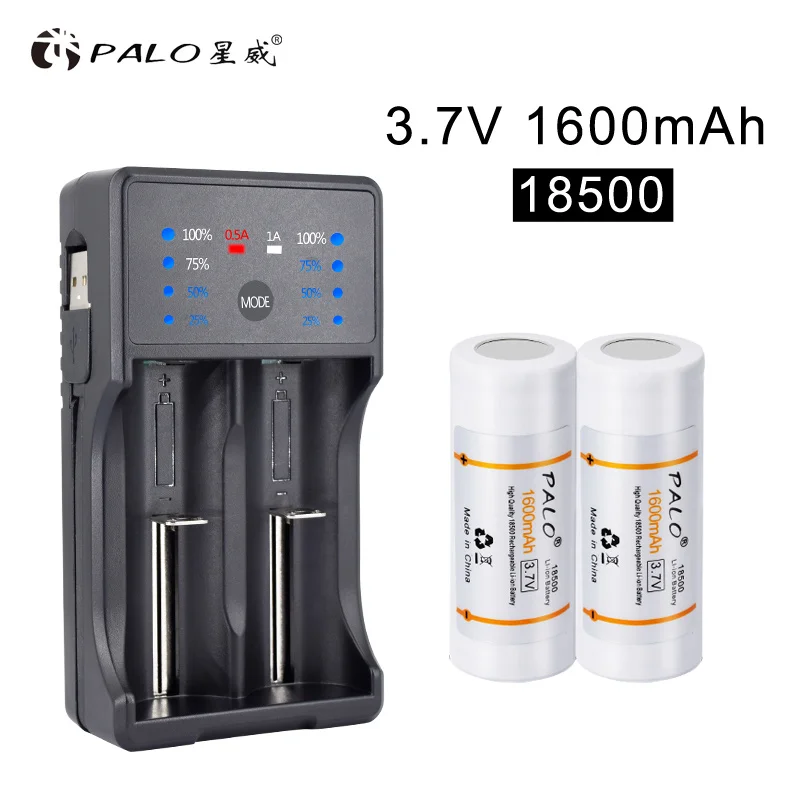 

PALO 18500 Rechargeable Battery 1600mAh 3.7V Li-ion Battery 18500 Lithium Bateria Batteies with 18500 18650 Smart Charger