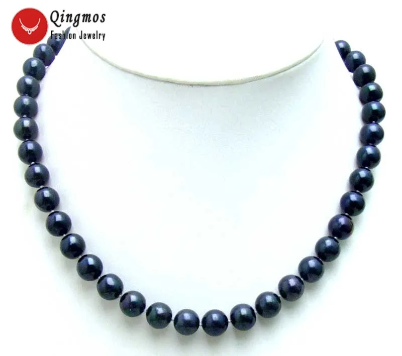 Qingmos 9-10mm Round Natural Black Pearl Necklace for Women Super Luster Freshwater Pearl Chokers 17
